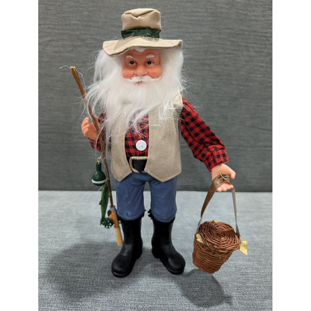 Vtg Fishing Santa‎ Claus Man Rod Fish Christmas Figurine 11" Clothique Fisherman